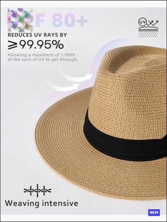 Wide Brim Straw Panama Fedora Hat UPF 50+ Sun Protection Beach Summer Classic main image 6